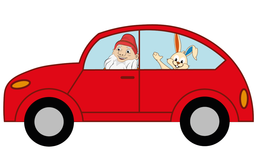 Zwerg und Hase in einem roten Auto
